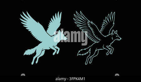 Ensemble d'icônes de silhouette et de contour de loup ailé mythique et de créature mythique Illustration de Vecteur