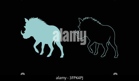 Silhouette solide et illustration de ligne d'un animal sauvage Warthog Illustration de Vecteur