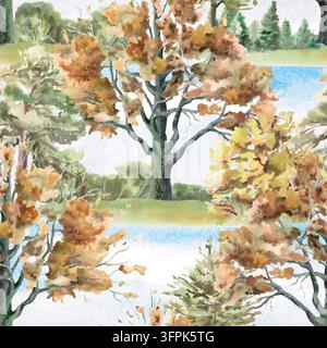 Motif sans joint en aquarelle de bosquet de chênes. Une illustration isolée pour les emballages de fruits secs, la conception de vêtements pour enfants, le papier peint, le scrapbooking Banque D'Images