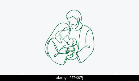 Dessin minimaliste en une seule ligne de la sainte famille avec le bébé Jésus Illustration de Vecteur