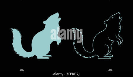 Ensemble d'illustration en silhouette et en ligne d'un loup hurlant avec dessin de loup Illustration de Vecteur