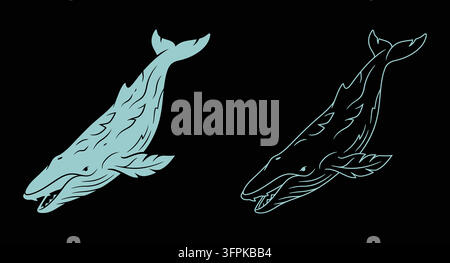 Ensemble d'illustrations de baleines à bosse en style silhouette et contour Illustration de Vecteur