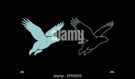 Icône d'aigle volant stylisé en bleu clair uni et art linéaire sur noir Illustration de Vecteur