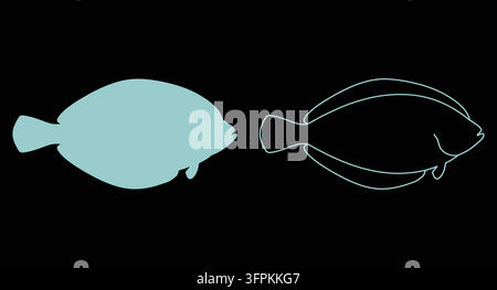 Ensemble d'icônes en silhouette de poisson plat en style bleu uni et lignes blanches fines Illustration de Vecteur