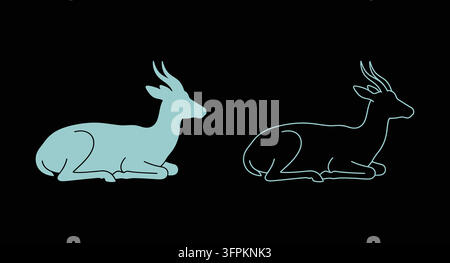 Silhouette de gazelle au repos et icônes d'art linéaire sur fond noir avec antilope Illustration de Vecteur