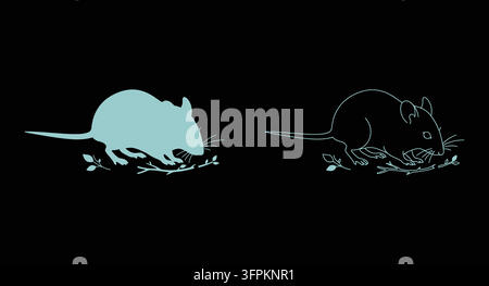 Ensemble d'illustrations de souris en bleu clair uni et style contour détaillé Illustration de Vecteur