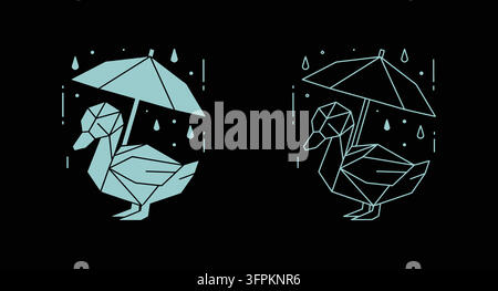 Illustration de canard de style géométrique low poly avec parapluie et gouttes de pluie Illustration de Vecteur