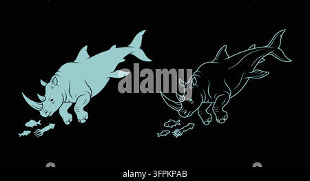 Illustration graphique créative d'un rhinocéros avec des nageoires de requin en train de nager Illustration de Vecteur