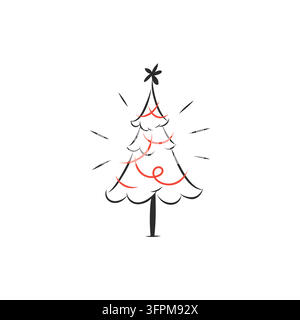 Arbre de Noël minimal avec ruban rouge, arbre de fête dessiné à la main, illustration vectorielle moderne en art linéaire de Noël Illustration de Vecteur