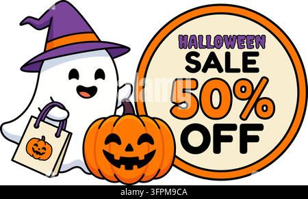 Fantôme mignon avec citrouille pour la promotion des ventes d'Halloween isolé sur fond transparent Illustration de Vecteur