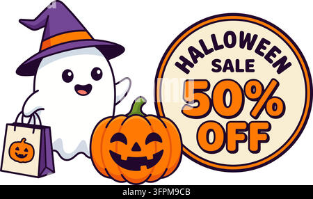 Fantôme mignon avec citrouille pour la promotion des ventes d'Halloween isolé sur fond transparent Illustration de Vecteur