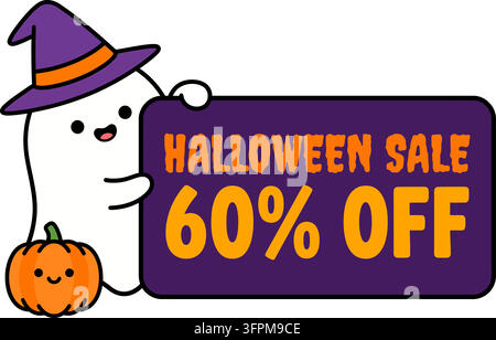 Fantôme mignon tenant un panneau de vente d'Halloween avec citrouille isolé sur fond transparent Illustration de Vecteur