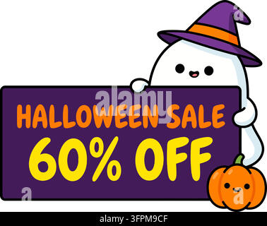 Fantôme mignon tenant un panneau de vente d'Halloween avec citrouille isolé sur fond transparent Illustration de Vecteur