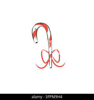 Canne de Noël avec nœud rouge, douceur de fête minimaliste dessinée à la main, illustration vectorielle de décoration festive mignonne Illustration de Vecteur