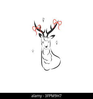 Renne de Noël avec des nœuds rouges sur les bois, portrait festif de cerf, illustration vectorielle minimaliste dessinée à la main en art linéaire de fête Illustration de Vecteur