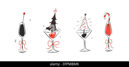 Set de verres à cocktail et à champagne de Noël avec arbres festifs, sucettes en forme de canne et nœuds rouges, illustration vectorielle de vacances dessinée à la main Illustration de Vecteur