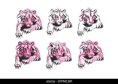 Ensemble mystique du Tigre avec Croissant de Lune, Style Tatouage Y2K Rose et Noir, Collection d'Illustrations Vectorielles de Chat Sauvage d'Inspiration Japonaise Illustration de Vecteur