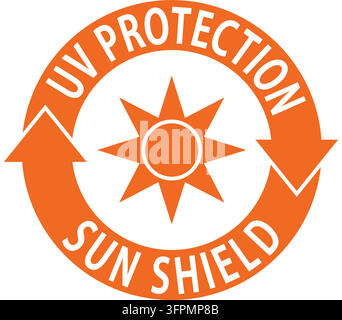 Protection UV, pare-soleil, vecteur de badge de bloc. Panneau d'étiquette avec symbole de soleil et texte circulaire avec flèches. Illustration de Vecteur