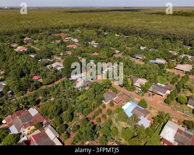 Vue aérienne de la plantation de caoutchouc de Chup avec des rangées d'arbres à caoutchouc entourant un village rural avec des maisons et des routes de terre à Tboung Khmum, Tboung Khmum P Banque D'Images
