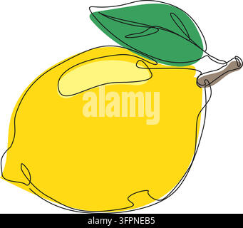 Dessin en ligne continu d'un citron jaune frais avec une feuille verte, illustration vectorielle en ligne Illustration de Vecteur