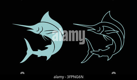 Ensemble d'illustrations en silhouette et en art linéaire avec silhouette de marlin bleu Illustration de Vecteur