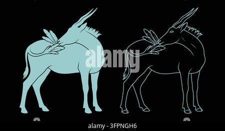 Silhouette et contour d'une icône d'antilope sur fond noir avec animal cornuré Illustration de Vecteur
