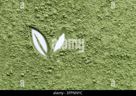 Poudre de matcha verte avec une découpe en forme de feuille révélant une surface blanche, symbolisant les produits naturels et biologiques. Banque D'Images