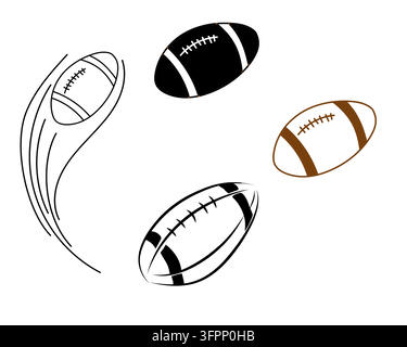 Un ensemble d'icônes de ballon de football américain dans différents styles, illustration vectorielle. Pour le branding sportif, les logos d'équipes sportives, les affiches de matchs, les graphismes Illustration de Vecteur