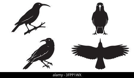 Ensemble de silhouettes noires d'oiseaux dans diverses poses sur fond blanc Illustration de Vecteur
