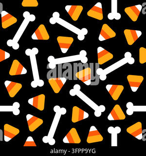 Motif Halloween sans couture avec des os et des bonbons en forme d'épi sur fond noir, illustration vectorielle Illustration de Vecteur