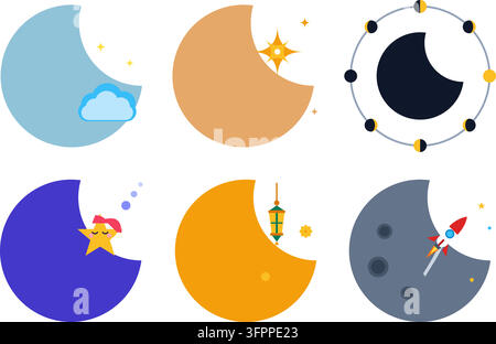 Ensemble de six icônes vectorielles colorées représentant des croissants de lune avec des étoiles, des nuages, des lanternes et des fusées sur fond blanc Illustration de Vecteur