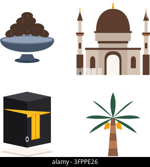 Ensemble d'icônes vectorielles de la Sainte Kaaba, mosquée, palmier dattier et dattes représentant la culture islamique et les monuments de La Mecque Illustration de Vecteur