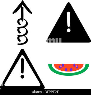 Ensemble d'icônes triangulaires d'avertissement noires et symbole de tranche de pastèque sur fond blanc Illustration de Vecteur