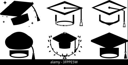 Ensemble d'icônes vectorielles noires de chapeau de graduation avec mortiers et pampilles isolés sur fond blanc Illustration de Vecteur