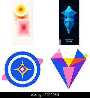 Ensemble de quatre icônes vectorielles géométriques abstraites représentant des étoiles, des diamants et des cercles dans des couleurs vives Illustration de Vecteur