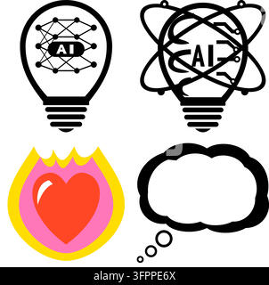 Ensemble vectoriel d'icônes AI d'ampoule, d'atome, de cœur en flamme et de bulle de pensée isolées sur fond blanc Illustration de Vecteur