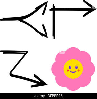 Flèches noires dessinées à la main et icône de fleur rose mignonne avec visage souriant sur fond blanc Illustration de Vecteur