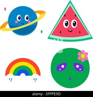 Ensemble vectoriel mignon kawaii de planète souriante, tranche de pastèque, arc-en-ciel et personnage extraterrestre sur fond blanc Illustration de Vecteur