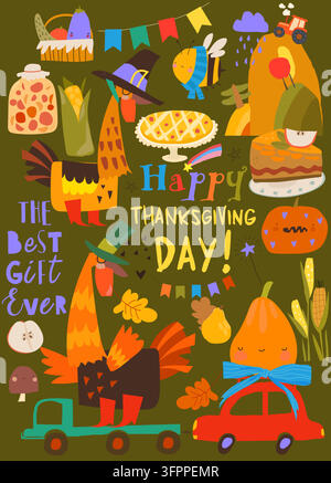 Joli ensemble de Thanksgiving composé de dindes amusantes et de récolte Illustration de Vecteur