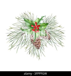 Plantes de houx de Noël avec des baies rouges, des feuilles vertes, des branches de sapin et des pommes de pin. Illustration isolée en aquarelle. Composition pour vœux du Nouvel An Banque D'Images