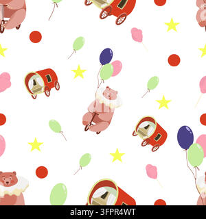 L'Ours et le Chariot – Motif sans couture mignon. Motif sans couture mettant en scène un adorable ours en peluche et un petit chariot charmant avec des décorations ludiques Illustration de Vecteur