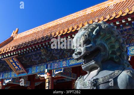 Statue de lion au Palais d'été (site du patrimoine mondial de l'UNESCO), Pékin, Chine Banque D'Images