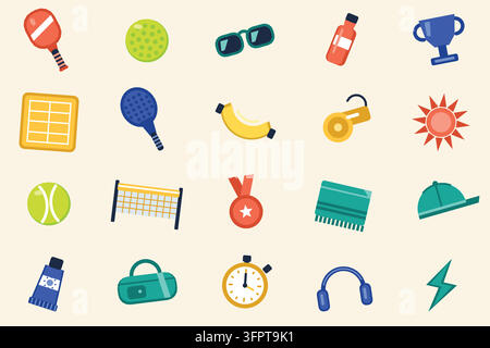 Ensemble d'icônes sportives illustrées de 20 objets différents de pickleball et de padel : raquette, bâton, balles, filet, terrain, trophée, médaille, chronomètre, bouteille d'eau Illustration de Vecteur