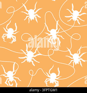 Motif style Halloween sur fond orange, araignées texturées, araignées blanches, ligne répétée, design simple, motif sans couture Illustration de Vecteur