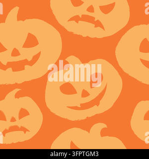 Motif Halloween avec des Jack-o'-lanterns, divers visages, fond orange, grands éléments, expressions joyeuses et effrayées, émotions variées, motifs simples Illustration de Vecteur