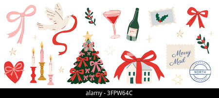 Ensemble de cliparts de Noël dessinés à la main éléments vectoriels de fête. Collection d'illustrations festives rétro coquette dessinées à la main. Sapin de Noël avec nœuds, colombe, vin Illustration de Vecteur