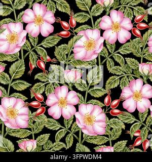 Motif sans couture aquarellé avec des fleurs de rose musquée roses en fleurs, des baies rouges et des feuilles vertes. Fond de feuillage floral dense pour textile d'été, fabr Banque D'Images
