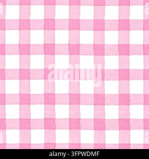 Motif sans couture aquarellé avec rayures à carreaux vichy roses. Fond géométrique dessiné à la main pour la décoration de chambre d'enfant, fête de bébé, tissu, emballage. Banque D'Images