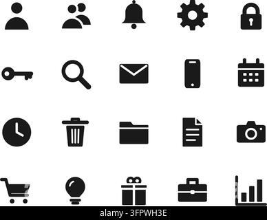 Ensemble de 20 icônes UI en style plat noir uni, comprenant des variations de la forme classique des icônes UI. Illustration vectorielle isolée sur fond blanc Illustration de Vecteur