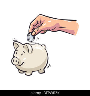Illustration vectorielle colorée dessinée à la main d'une main humaine laissant tomber une pièce d'argent dans un cochon de banque blanc mignon. Idéal pour les économies personnelles, les plans financiers Illustration de Vecteur